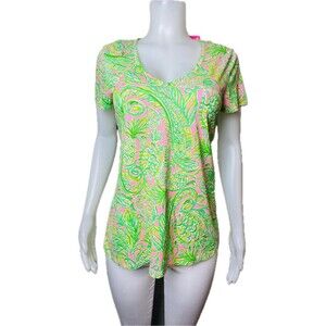 N1. Lilly Pulitzer Tunic M High Low Multicolor Green Blouse Short Sleeve V Neck